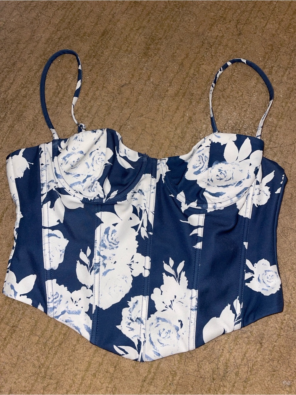 White Fox Blue Floral Corset Top - Blue & Cream, size large
